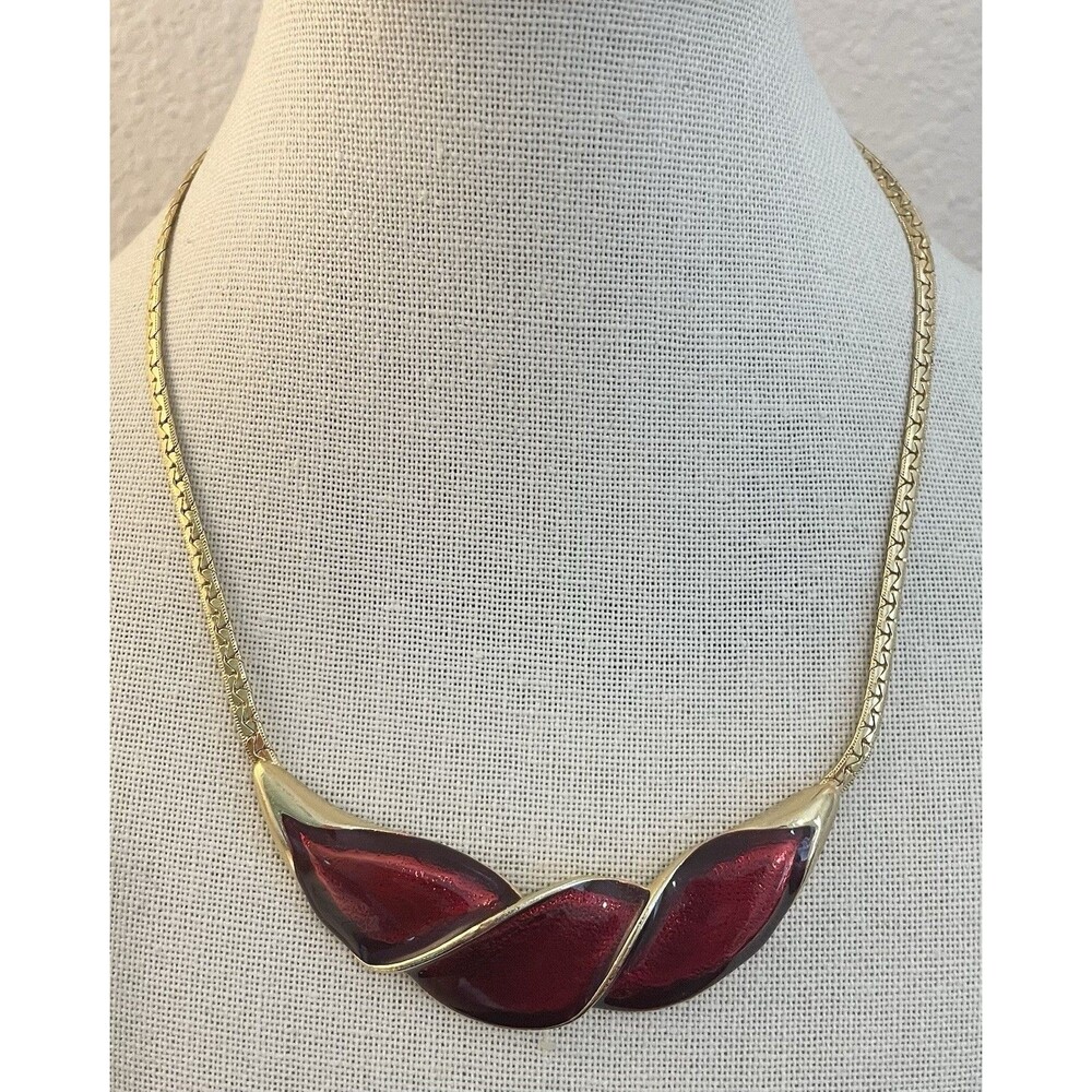 Vintage Gold Tone Red Enamel Deco Bib Statement Necklace